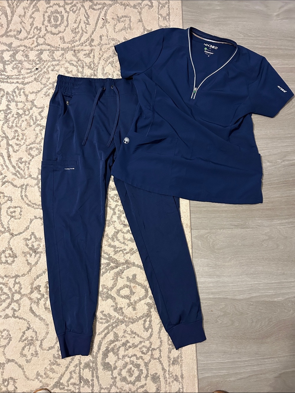 healing hands Navy Zip V-Neck Top & Jogger Pant Set